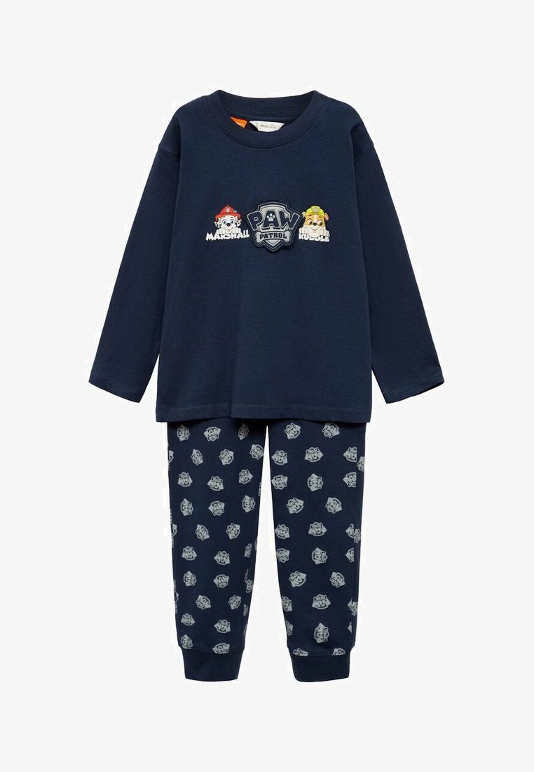 Set de pijama bleumarin, format dintr-un maiou cu mânecă lungă ce prezintă o grafică cu trei personaje și pantaloni asortați cu un model jucăuș de logo-uri.