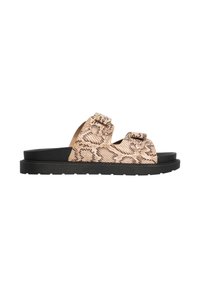 Flade sandaler med to justerbare stropper i et tekstureret beige og brunt slangeskindsdesign, med en sort gummisål.