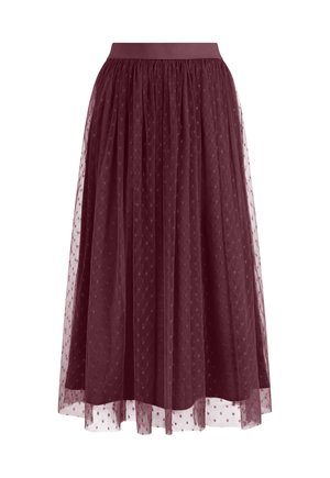 Falda midi de tul burdeos con un patrón de puntos, recogida en la cintura con una banda elástica ancha.