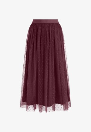 Gonna midi in tulle bordeaux con motivo a pois, arricciata in vita con una fascia elastica ampia.