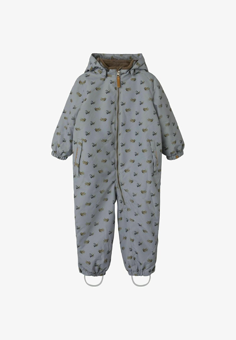 Combinaison grise isolée avec capuche, ornée d'un petit motif répété d'avions colorés, manches élastiques et fermeture éclair à l'avant.