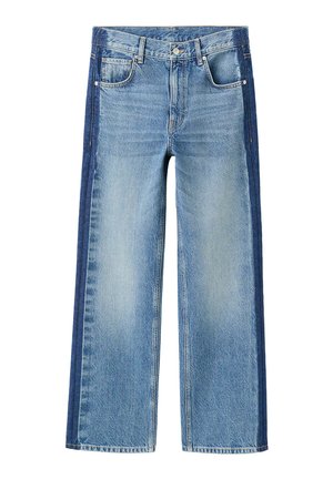 Szerokie niebieskie jeansy z denimu z jaśniejszymi przednimi panelami i ciemniejszymi bocznymi pasami, z przednimi kieszeniami i zapięciem na guziki.