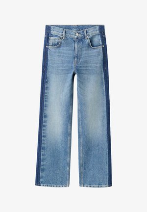 Szerokie niebieskie jeansy z denimu z jaśniejszymi przednimi panelami i ciemniejszymi bocznymi pasami, z przednimi kieszeniami i zapięciem na guziki.