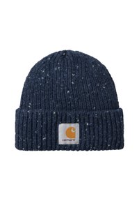 Gorro de punto azul marino con textura acanalada, con motas blancas y azules. Incluye un parche cuadrado con un logo naranja en la parte delantera.