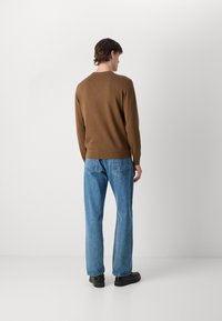 Bruine gebreide trui met een ronde hals, gedragen met lichtblauwe rechtjarige jeans en zwarte schoenen, gezien van de achterkant. Minimalistisch ontwerp.