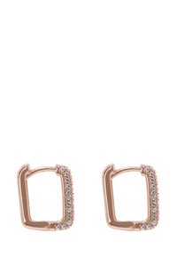 Orecchini quadrati in oro rosa con una fila di piccole pietre trasparenti lungo un bordo. Texture liscia con una finitura lucida.