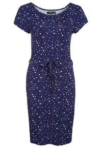 Granatowa sukienka z krótkimi rękawami, dopasowany kształt, wzór gwiazd w czerwonym, białym i jasnoniebieskim kolorze. Sznurek w talii umożliwiający regulację dopasowania.