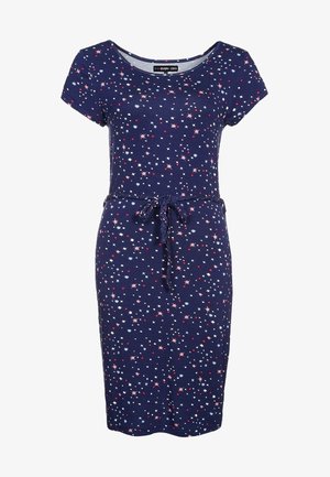 Robe bleu marine à manches courtes, forme ajustée, motif étoilé en rouge, blanc et bleu clair. Taille à cordon pour un ajustement réglable.