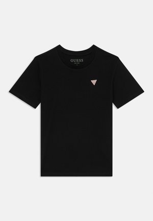 T-shirt nera a maniche corte in cotone con collo rotondo. Presenta un piccolo logo triangolare in rosso e bianco sul lato sinistro del petto.