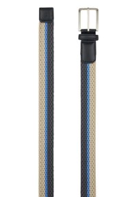 Gewebter Gürtel mit beigen, schwarzen und blauen Streifen, Lederakzenten und einer Metallschnalle. Das strapazierfähige Material sorgt für Flexibilität.