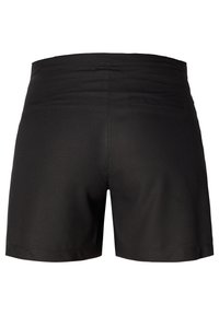 Pantaloni corti neri con una texture liscia, dotati di una tasca posteriore singola e un design pulito, adatti per un abbigliamento casual.
