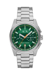 Stainless steel watch with a green dial, white hour markers, sub-dials, date display, and orange accents. Features a linked metal bracelet.