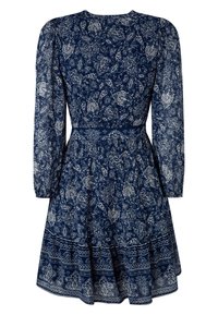 Robe bleu marine à manches longues avec motifs paisley et floraux blancs, taille cintrée et jupe évasée avec détails d’impression en bordure.