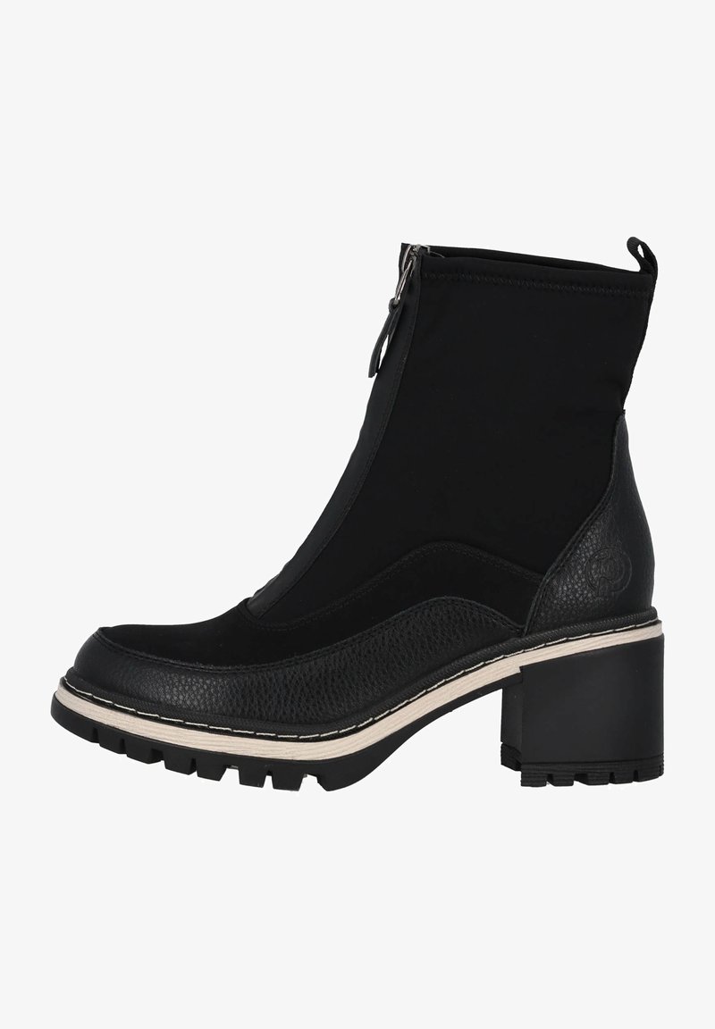 Bottine noire à la cheville avec talon épais, fermeture éclair avant, semelle intercalaire en cuir texturé et semelle extérieure épaisse à crampons, conçue pour un usage décontracté ou en extérieur.