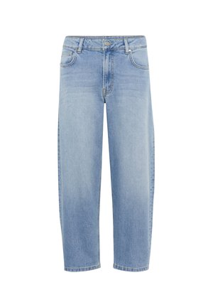 Light blue denim trousers with a loose, straight leg design, five pockets, and a zipper fly. Features contrasting stitching and a slightly faded wash.
