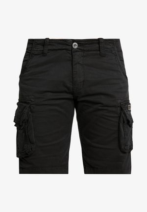 Short cargo noir avec bouton et fermeture éclair à l'avant, passants de ceinture, poches latérales et poches à rabat sur les deux cuisses.