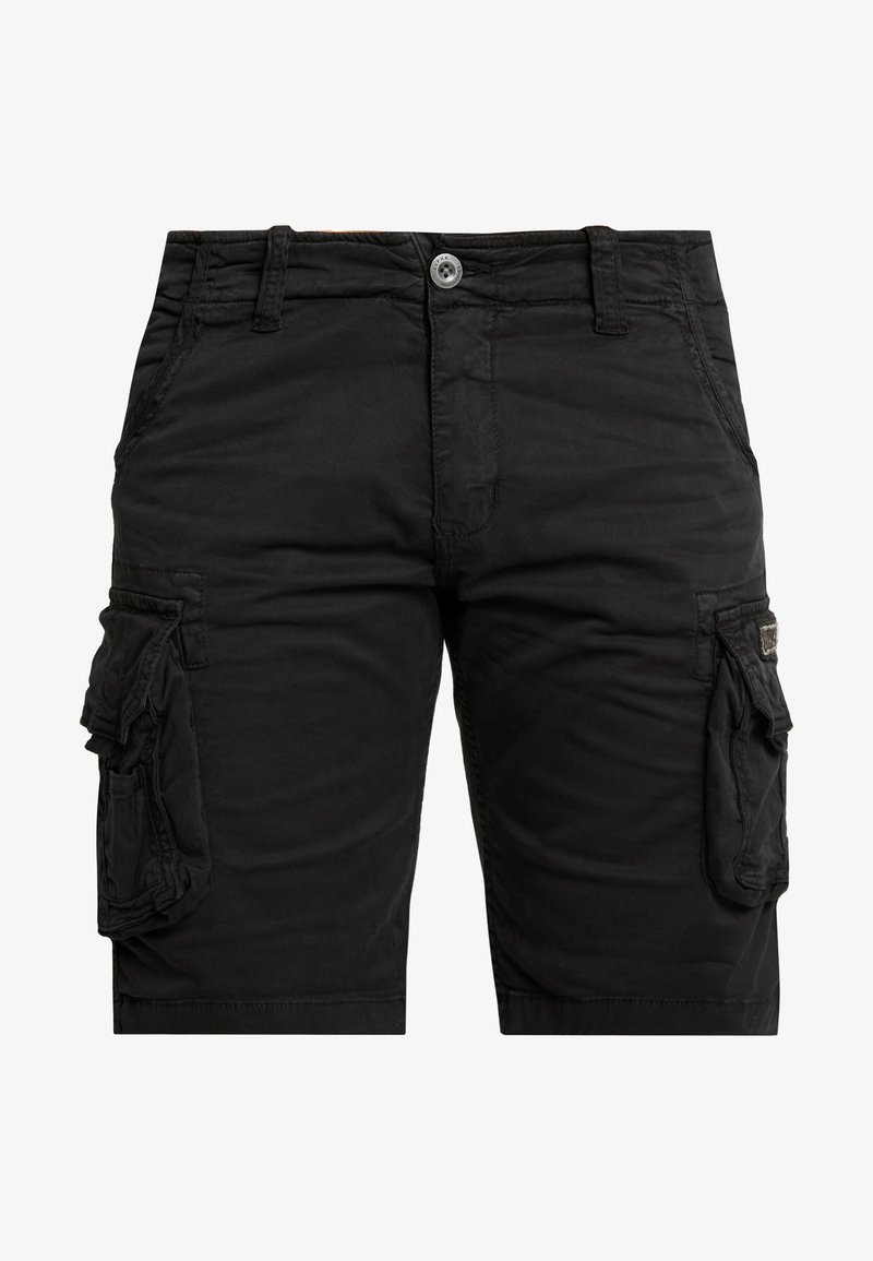 Short cargo noir avec bouton et fermeture éclair à l'avant, passants de ceinture, poches latérales et poches à rabat sur les deux cuisses.