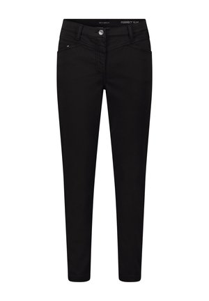 Jeans neri slim-fit realizzati in tessuto denim elasticizzato. Presentano una chiusura frontale con bottone, due tasche frontali e una superficie liscia e uniforme.