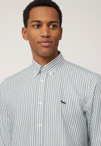 Chemise rayée avec des lignes verticales vertes et blanches, un col boutonné et un petit logo brodé sur la poitrine.