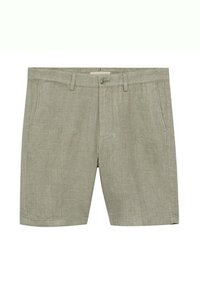 Pantaloni corti in lino beige con bottone e zipper frontale, passanti per cintura e tasche laterali, esposti su uno sfondo bianco.