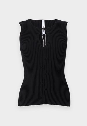 Αμάνικη μαύρη ριμπ πλεκτή μπλούζα με στρογγυλή λαιμόκοψη και μικρό άνοιγμα στο μπροστινό κέντρο.