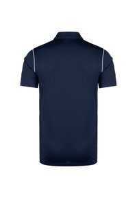 Polo shirt blu navy realizzato in tessuto liscio, con colletto, maniche corte e dettagli in piping bianco lungo le spalle.
