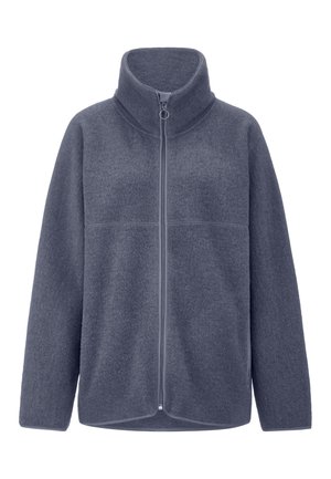 Fleece-takki tummanharmaana, jossa on korkea kaulus, etuvetoketju, sileä pinta, hieman pyöristetty helma ja joustavat hihansuut.