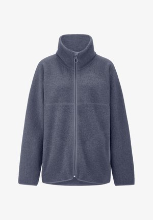 Fleece-takki tummanharmaana, jossa on korkea kaulus, etuvetoketju, sileä pinta, hieman pyöristetty helma ja joustavat hihansuut.