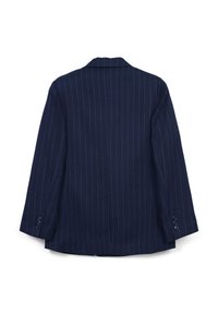 Blazer blu navy con righe bianche, maniche lunghe e dettagli con bottoni sui polsini, mostrato da dietro su uno sfondo bianco.