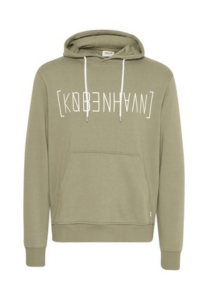 Lysegrøn hættetrøje med hvide snørebånd og forlomme, med hvid tekst "[KØBENHAVN]" på brystet.