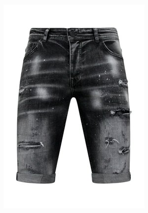 Zwarte distressed denim shorts met opgerolde zomen, voorzakken en vervaagde, gescheurde details op de dijen en vlakbij de knieën.
