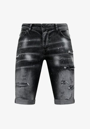 Zwarte distressed denim shorts met opgerolde zomen, voorzakken en vervaagde, gescheurde details op de dijen en vlakbij de knieën.