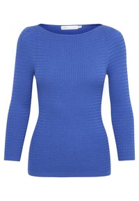 Blue, ribbed, long-sleeve top with a rounded neckline. Features textured fabric and fitted design, suitable for layering or casual wear.