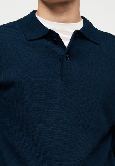 Homme portant un pull en maille bleu foncé avec un col et deux boutons, par-dessus un t-shirt blanc à col rond, vu de la poitrine jusqu'au cou.