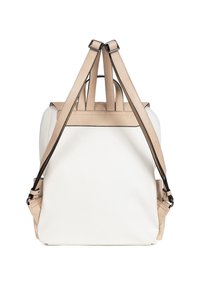 Zaino in finta pelle bianca con accenti beige. Include doppie cinghie regolabili, una maniglia superiore e un design minimalista con dettagli di cucitura.