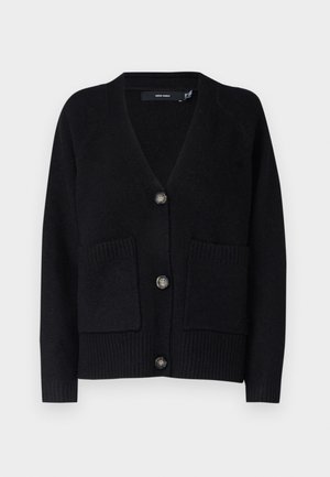 Black cardigan featuring a V-neck, ribbed cuffs, two front pockets, and five buttons with a subtle sheen. Crafted from soft knit material.