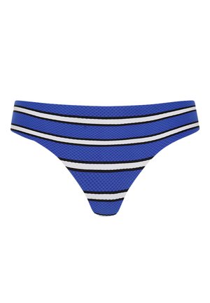 Bas de bikini bleu texturé avec des rayures horizontales noires et blanches sur fond blanc uni.