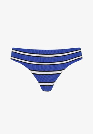 Bas de bikini bleu texturé avec des rayures horizontales noires et blanches sur fond blanc uni.