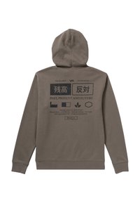 Grijze-brown hoodie van katoen met zwart grafisch tekst op de achterkant. Heeft ribgebreide boorden en zoom, en een vooraanstaande kangoeroezak.
