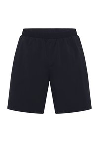 Pantaloni corti blu navy realizzati in tessuto leggero, dotati di una cintura elastica e una vestibilità comoda. Nessun motivo visibile o dettagli hardware.