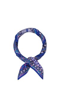 Silk scarf in shades of blue with intricate geometric and floral patterns, featuring a smooth texture and pointed ends for tying.