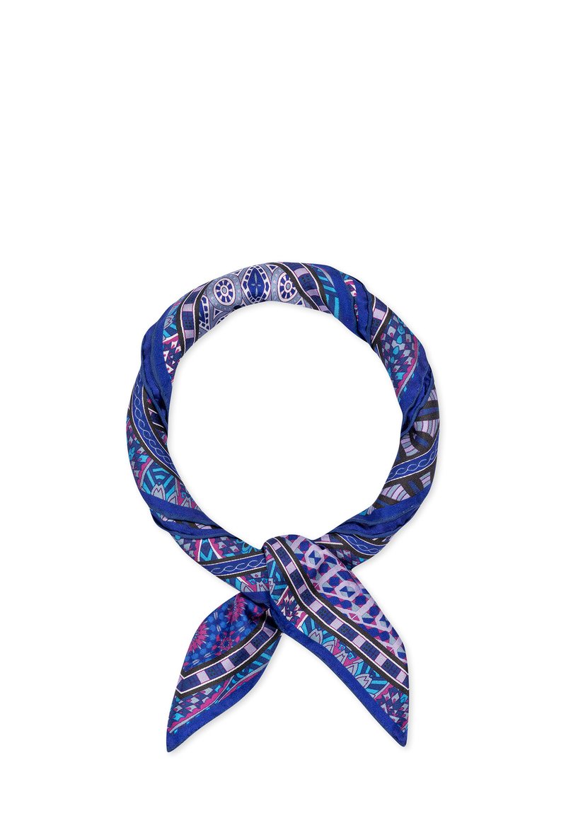 Silk scarf in shades of blue with intricate geometric and floral patterns, featuring a smooth texture and pointed ends for tying.