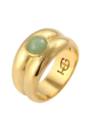 Guld ring med et glat, afrundet design, der har en central grøn sten. Indersiden af ringen er indgraveret med initialer. Poleret finish.