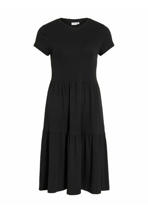 Vestido midi negro de manga corta con escote redondo y falda con volantes fruncidos, confeccionado en tejido texturizado.