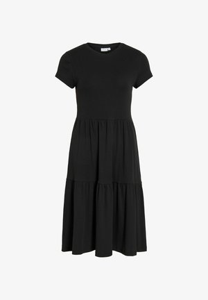 Zwarte midi-jurk met korte mouwen, ronde halslijn en gelaagde, geplooide rok, gemaakt van structuurstof.