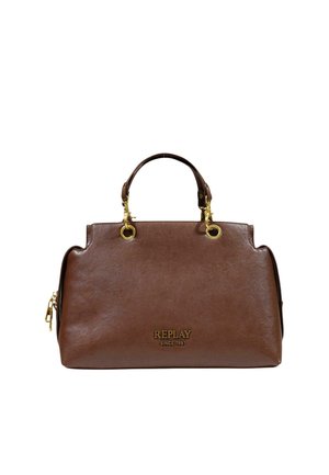 Sac à main en cuir marron avec ferrures dorées, deux poignées, et le mot "REPLAY Since 1981" embossé au centre devant.