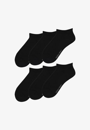 Six pairs of black ankle socks arranged in two rows against a white background, with a small brand logo on the side.