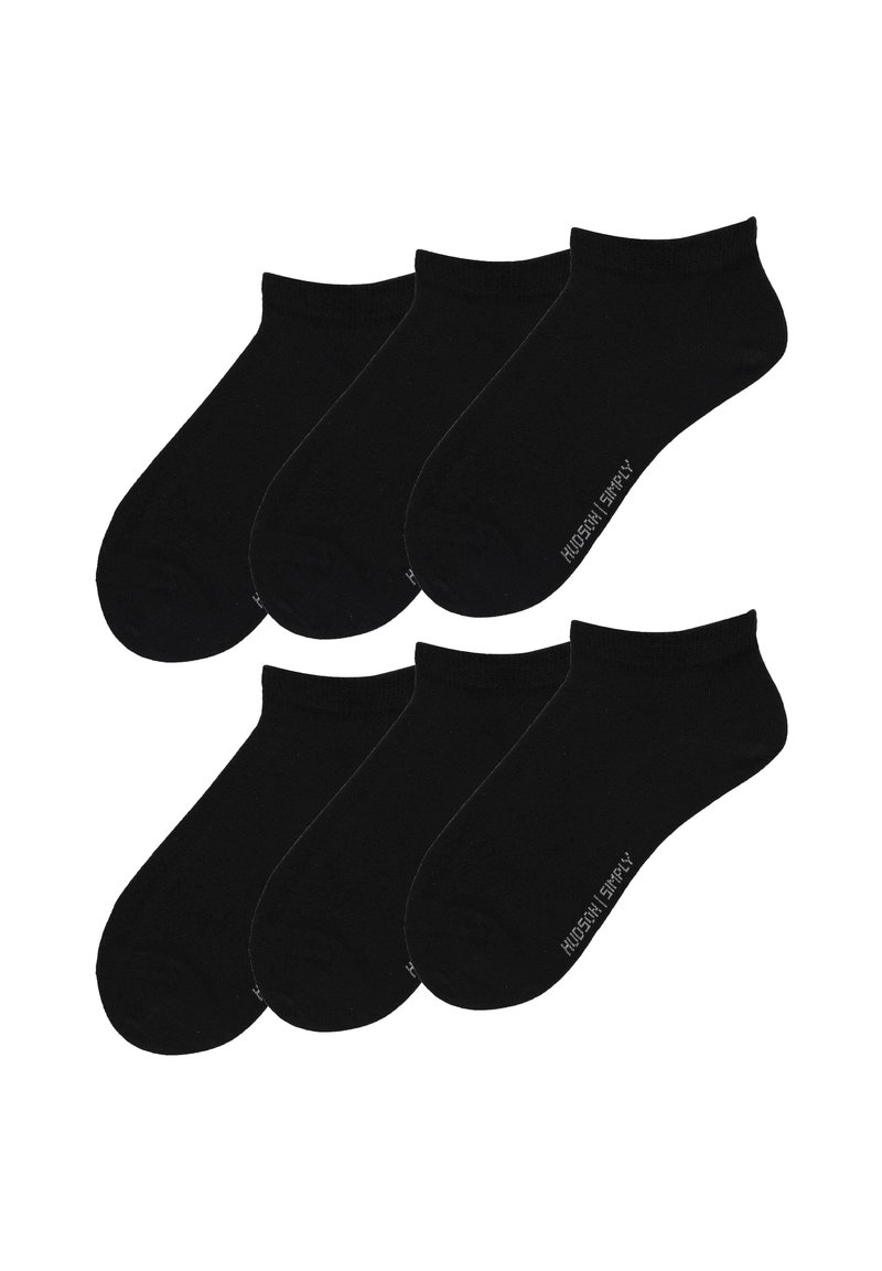 Sechs Paar schwarze Knöchelsocken, angeordnet in zwei Reihen vor weißem Hintergrund, mit kleinem Markenlogo an der Seite.