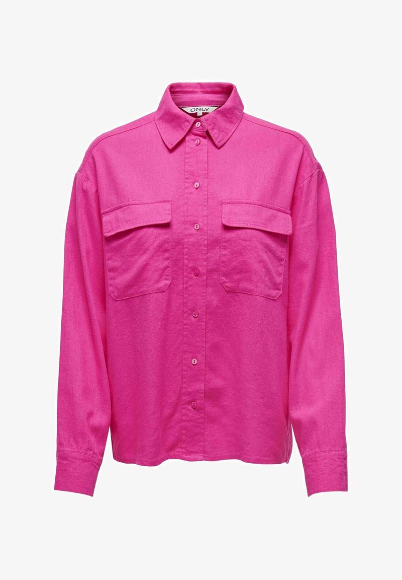 Chemise rose vif à manches longues avec col, deux poches poitrine et coupe décontractée. Confectionnée dans un tissu texturé. Fermeture par boutons.