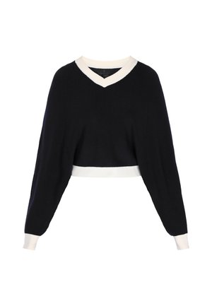 Tumed lõikelise V-kaelusega sviiter kreemjate aktsentidega. Omab pikki, veidi puhvitud varrukaid ja ribakujundust varrukeotstes ja hemil.